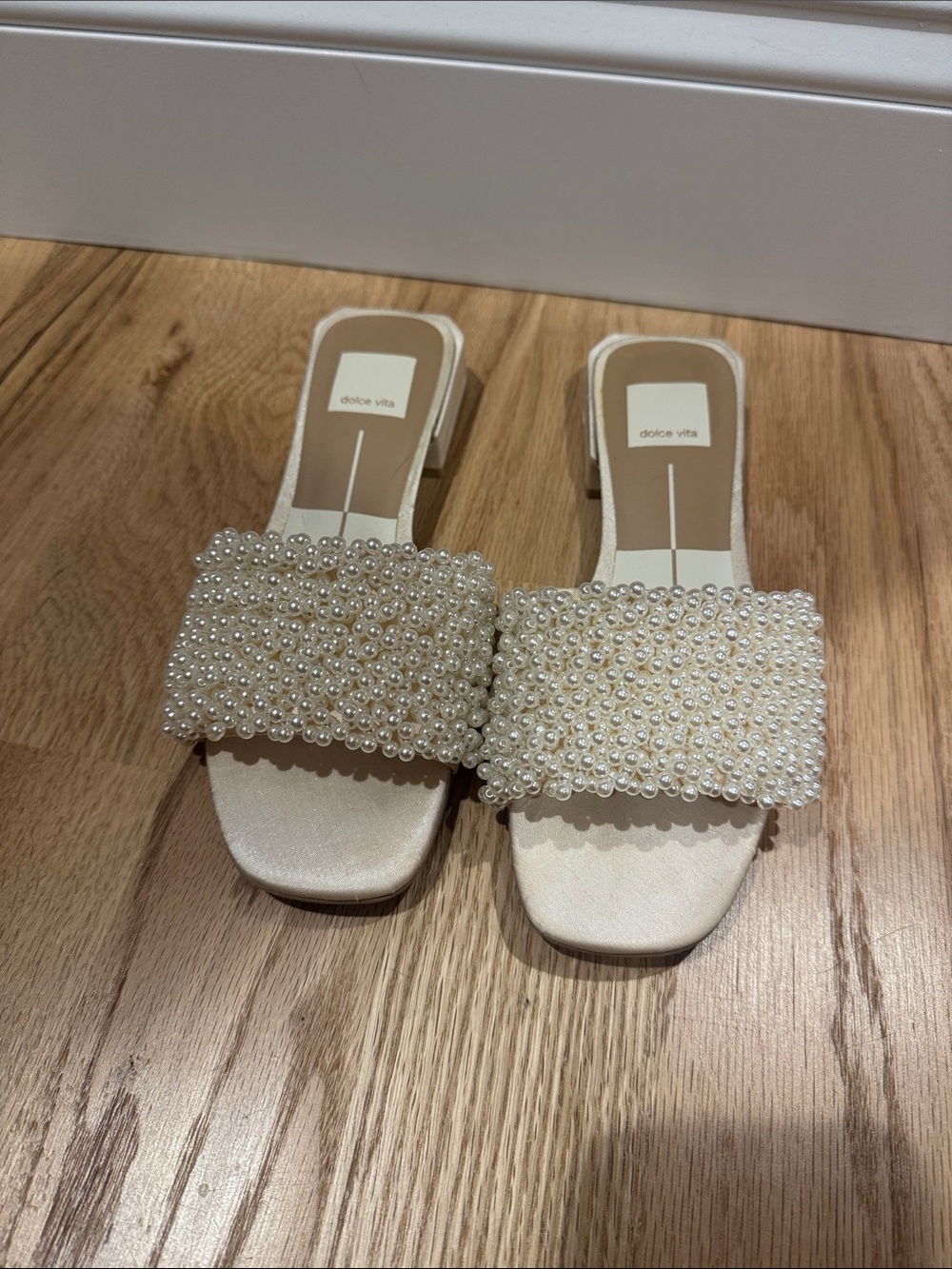 Dolce Vita Pearl-Embellished Cream Satin Slide Sandals